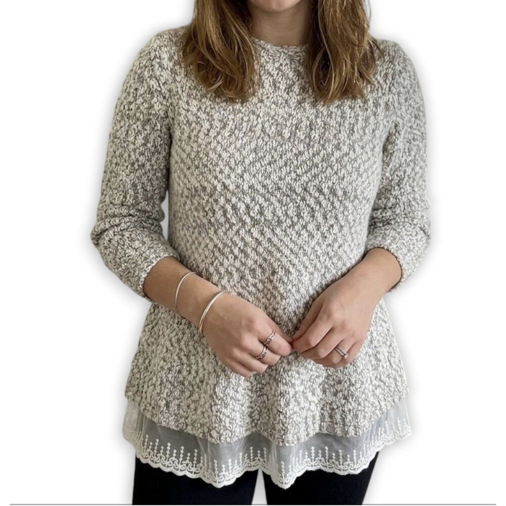 Mizumi Tan Ivory Knit Sweater w/ Lace Hem Fall/Winter Cottagecore Fashion Size M